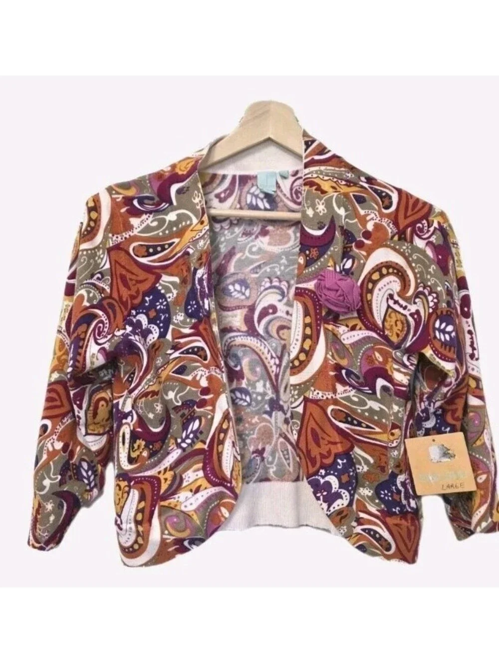 Womens Cardigan Colorful Paisley Crop Open Size Large Orange Autumn Wedding